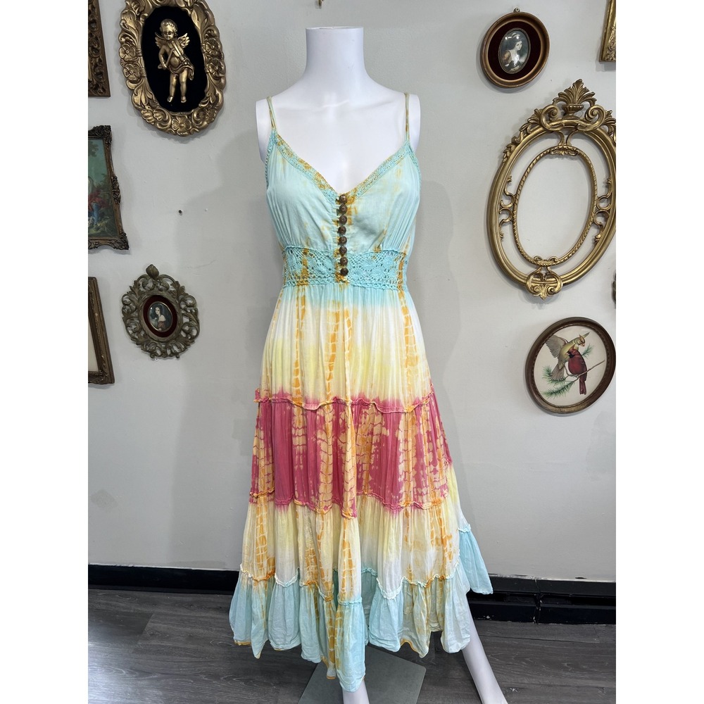 Vintage Y2K Vasna Desire Multi-Color Tie-Dye Tiered Boho Maxi Dress Size M